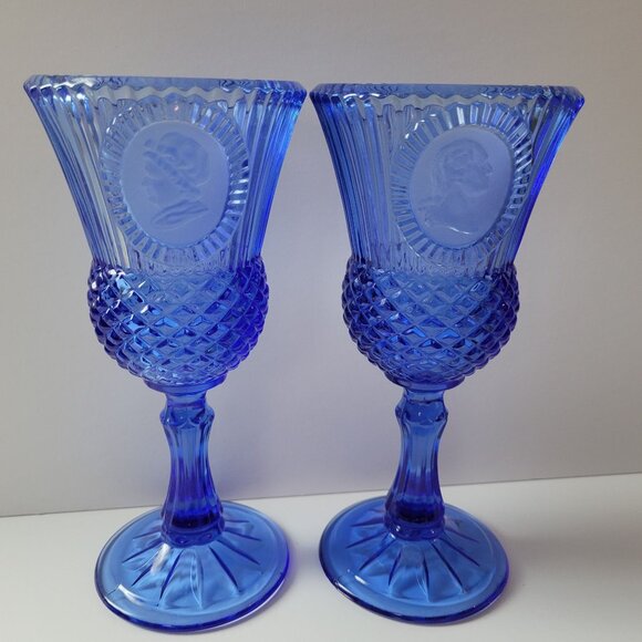 VintageGeorge Martha Washington Blue Depression Glass Goblets Cameo Design Set O - Picture 1 of 3